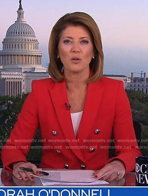 Norah’s red double breasted blazer on CBS Evening News