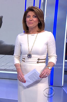 Norah’s white grommet waist dress on CBS Evening News