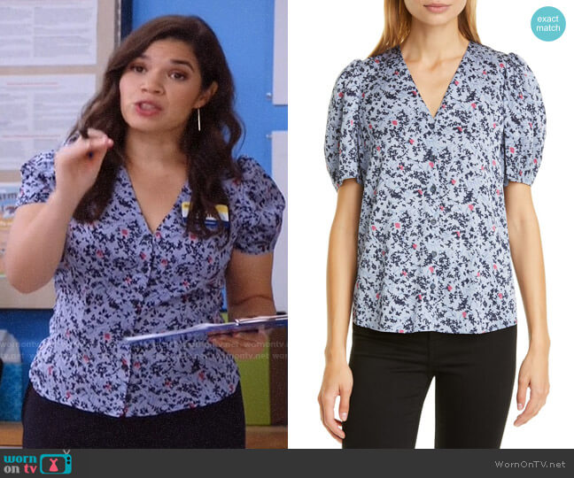 Nordstrom Signature Floral Puff Sleeve Stretch Silk Top worn by Amy (America Ferrera) on Superstore