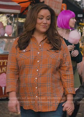 Katie’s orange plaid shirt on American Housewife