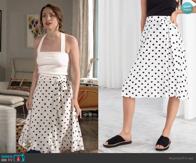 white polka dot midi skirt