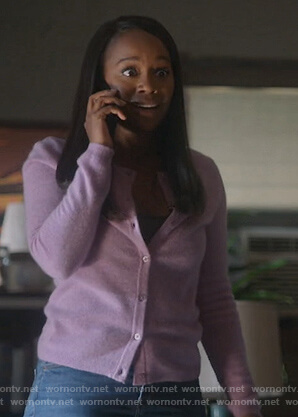 Michaela’s pink cardigan on How to Get Away with Murder