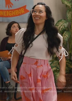 Doris's pink prawns maxi skirt and top on American Housewife