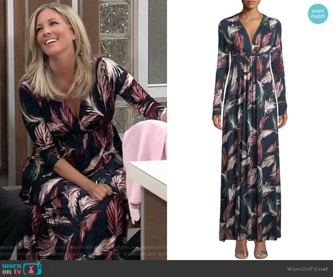 Rachel Pally Long-Sleeve Feather-Print Long Caftan Dress worn by Carly Corinthos (Laura Wright) on General Hospital