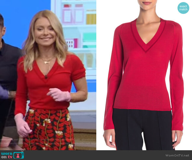 WornOnTV: Kelly’s red v-neck sweater and printed skirt on Live with ...