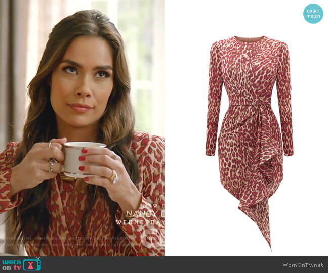 Draped Leopard Print Chiffon Mini Dress by Rasario worn by Cristal Jennings (Daniella Alonso) on Dynasty