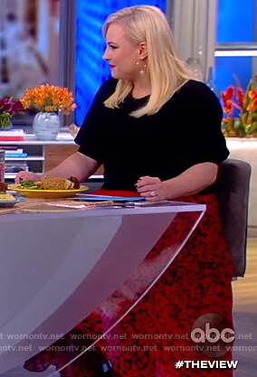 Meghan’s black puff sleeve top and red floral skirt on The View
