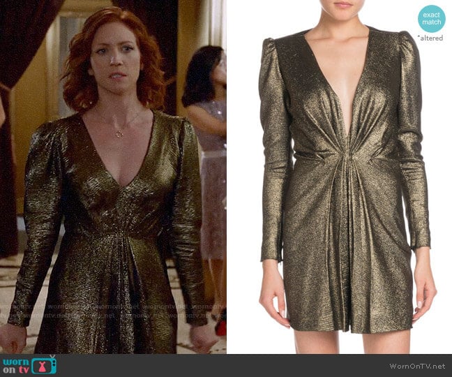 Saint Laurent Deep-V Long-Sleeve Gathered Metallic Silk Dress worn by Julia Bechley (Brittany Snow) on Almost Family