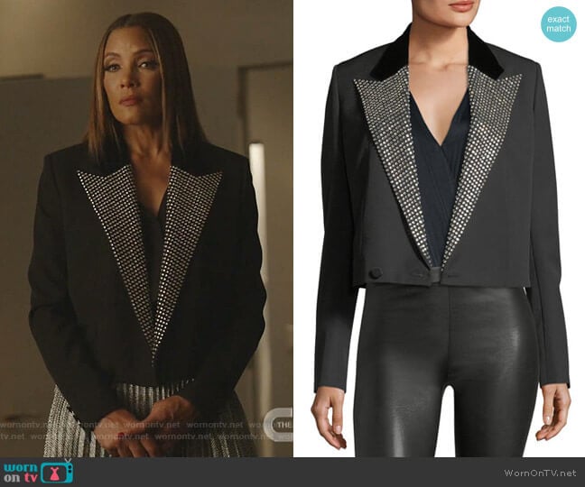 Iconic Le Smoking Spencer Fitted Jacket with Embellished Lapel by Saint Laurent worn by Dominique Deveraux (Michael Michele) on Dynasty