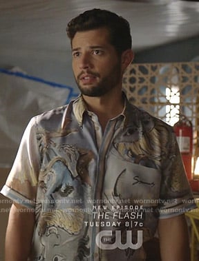 Sam’s blue dragon print shirt on Dynasty