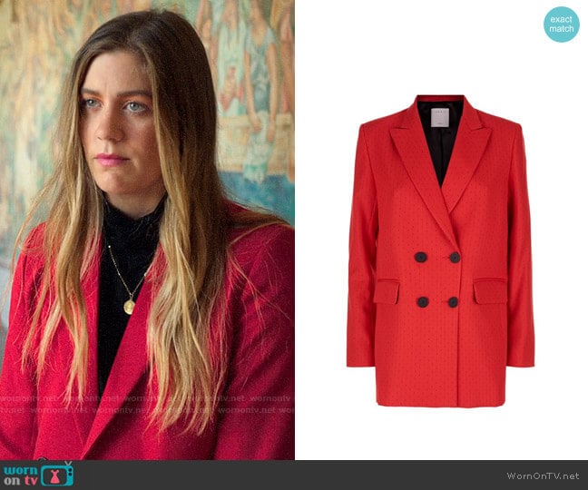 Sandro Billy Double-Breasted Swiss Dot-Effect Blazer worn by McAfee (Laura Dreyfuss) on The Politician