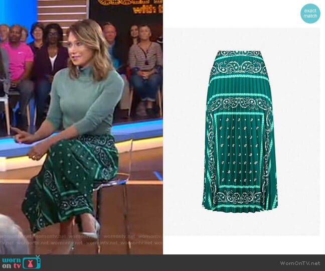 Pleated Printed Satin-Twill Midi Skirt by Sandro worn by Ginger Zee on Good Morning America