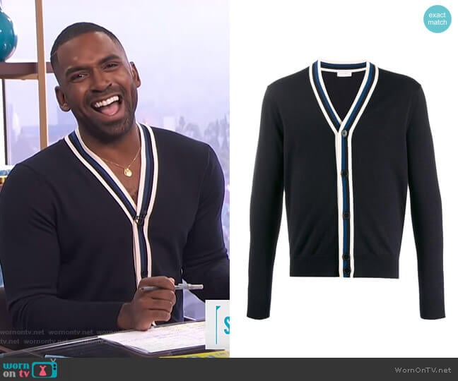 Contrast Long-Sleeve Cardigan by Sandro worn by Justin Sylvester on E! News