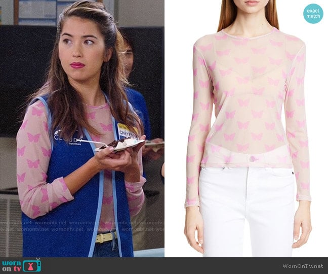 Sandy Liang Peel Butterfly Print Sheer Top worn by Cheyenne (Nichole Bloom) on Superstore