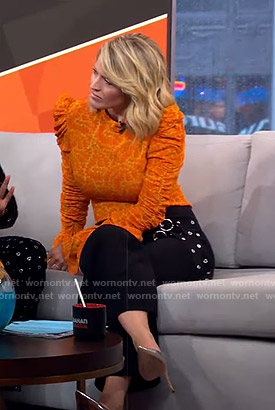 Sara's orange ruched sleeve top and belted pants on GMA Strahan Sara And Keke