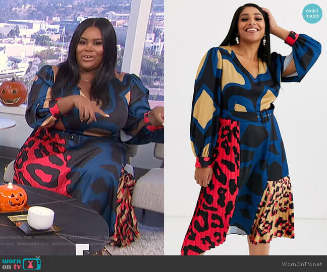 Satin Midi Dress with Pleat Detail in Multi Abstract Animal Print by Liquorish at Asos worn by Nina Parker  on E! News