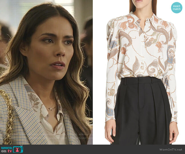 Paisley Puff Sleeve Blouse by See by Chloe worn by Cristal Jennings (Daniella Alonso) on Dynasty