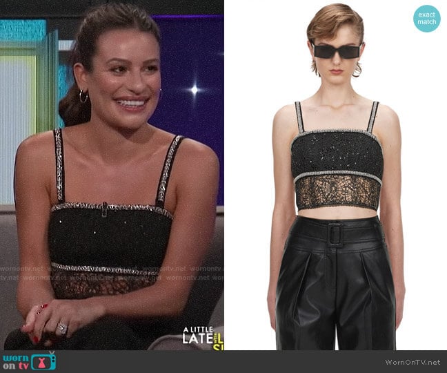 Self Portrait Sequin Circle Lace Top worn by Lea Michele on A Little Late with Lilly Singh