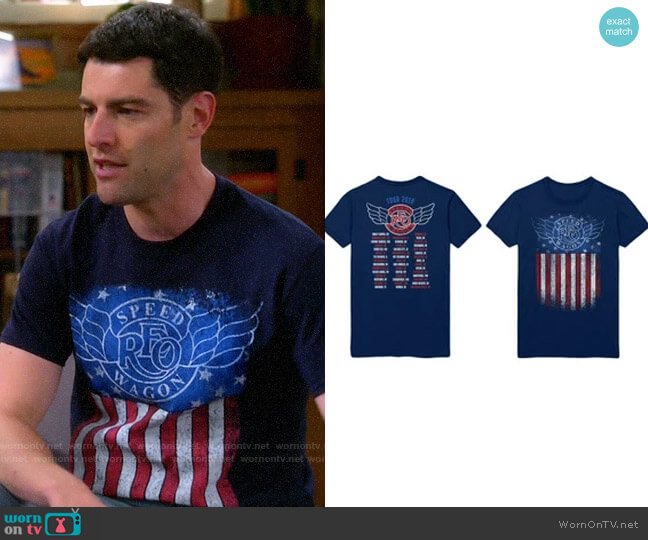 REO Speedwagon Blue 2019 Flag Tee worn by Dave on The Neighborhood worn by Dave Johnson (Max Greenfield) on The Neighborhood