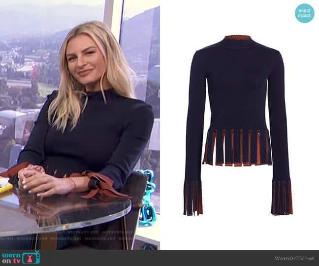 WornOnTV: Morgan’s navy and orange fringed top on E! News Daily Pop ...