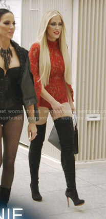Stephanie’s red lace bodysuit and over the knee boots on The Real Housewives of Dallas