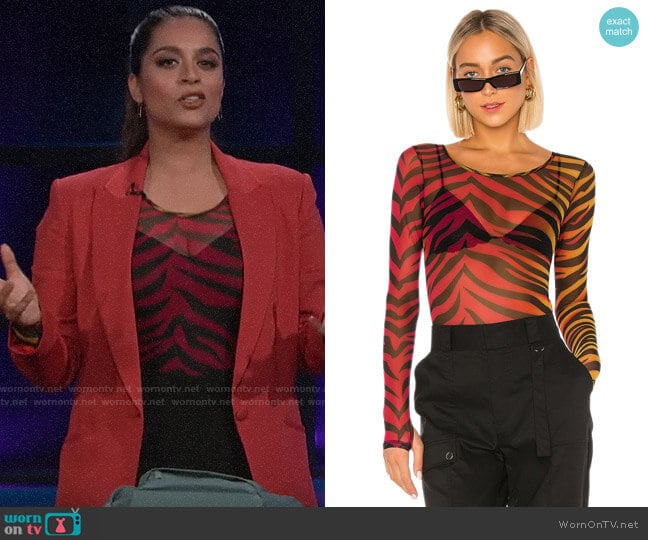 Superdown Trina Mesh Bodysuit worn by Lilly Singh on A Little Late with Lilly Singh