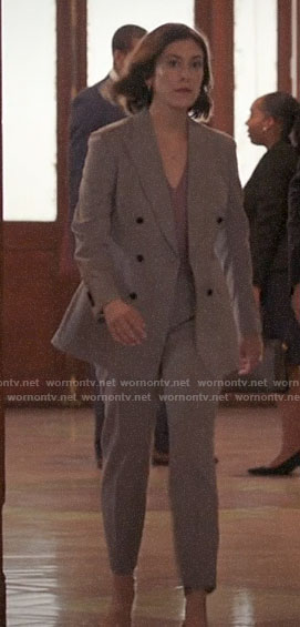 Sydney's pink top and grey double-breasted suit jacket on Bluff City Law