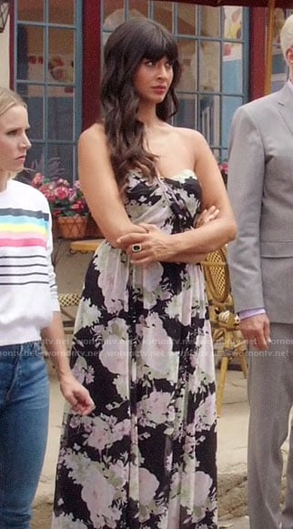 Tahani's black floral strapless maxi dress on The Good Place