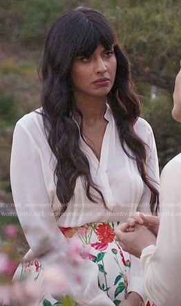 Tahani’s floral skirt and white blouse on The Good Place