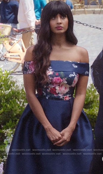 Tahani’s navy floral off-shoulder dress on The Good Place