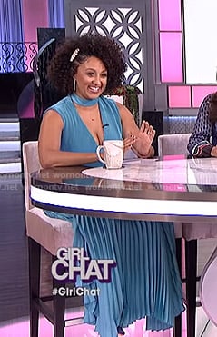 Tamera’s blue choker neck pleated dress on The Real