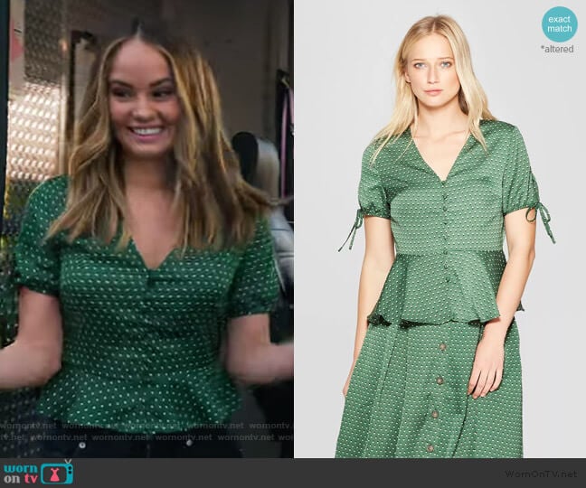 Short Tie Sleeve V-Neck Button Detail Peplum Top by Who What Wear at Target worn by Patty Bladell (Debby Ryan) on Insatiable