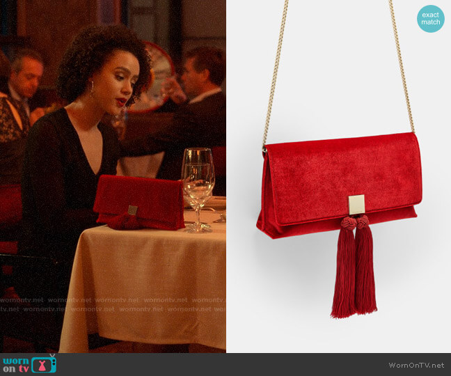 Ted Baker Karly Velvet Brocade Tassel Clutch worn by Maya (Nathalie Emmanuel) on Four Weddings and a Funeral