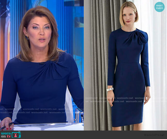 WornOnTV: Norah’s navy gathered neck dress on CBS Evening News | Norah