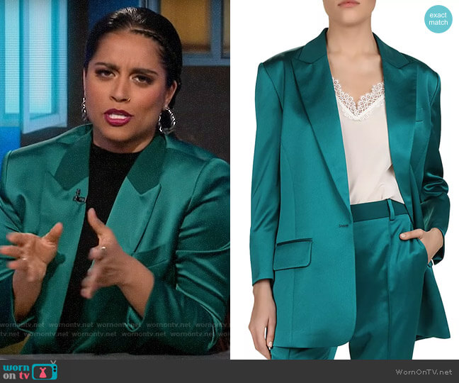 The Kooples Satin Blazer in Green worn by Lilly Singh  on A Little Late with Lilly Singh