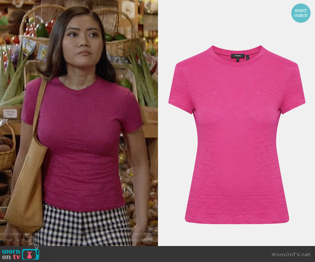 Theory Organic Cotton Tiny Tee in Pop Fuchsia worn by Joy (Jessica Lu) on God Friended Me