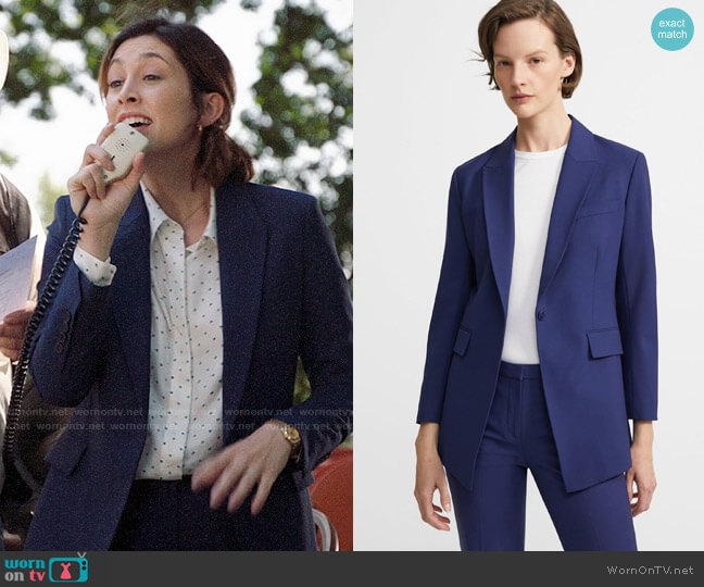 Theory Sea Blue Good Wool Blazer and Pants worn by Sydney Strait (Caitlin McGee) on Bluff City Law