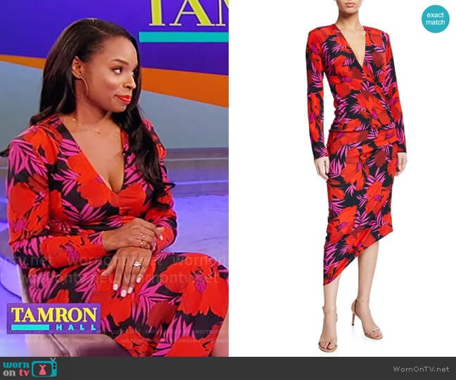 Veronica Beard Alvaro Floral-Print Asymmetric Ruched Dress worn by Devyn Simone on Tamron Hall Show