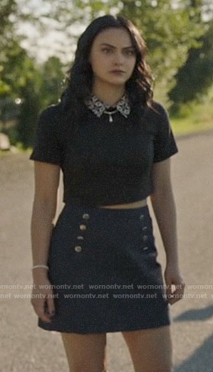 Veronica's black printed collar crop top and button detail skirt on Riverdale