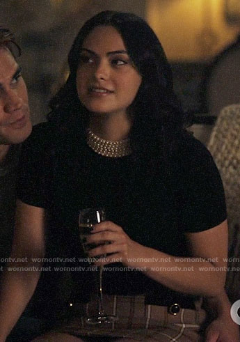 Veronica's black pearl neck top and plaid skirt on Riverdale