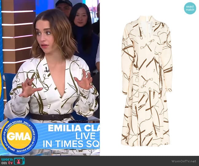 Printed Crepe Flared Midi Dress by Victoria Beckham worn by Emilia Clarke