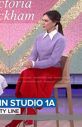 Victoria Beckham’s purple sweater and red skirt on Today