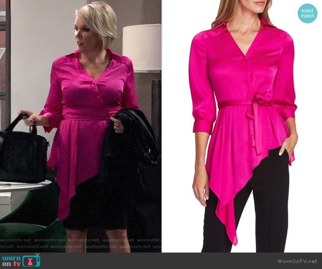 Vince Camuto Cascade Ruffle Asymmetrical Satin Blouse worn by Ava Jerome (Maura West) on General Hospital