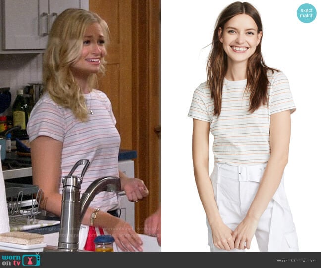 Vince Multi Stripe Essential Crew Tee worn by Gemma (Beth Behrs) on The Neighborhood