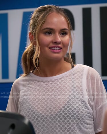Patty’s white cropped mesh top on Insatiable
