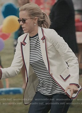 Elizabeth's white stripe trim blazer on Madam Secretary