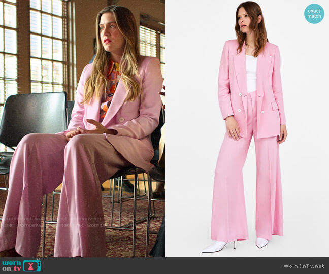 Zara Pink Double Breasted Blazer and Wide Leg Trousers worn by McAfee (Laura Dreyfuss) on The Politician