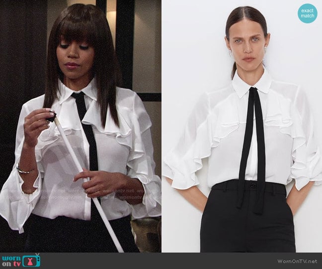 Zara Ruffled Shirt with Bow worn by Amanda Sinclair (Mishael Morgan) on The Young and the Restless