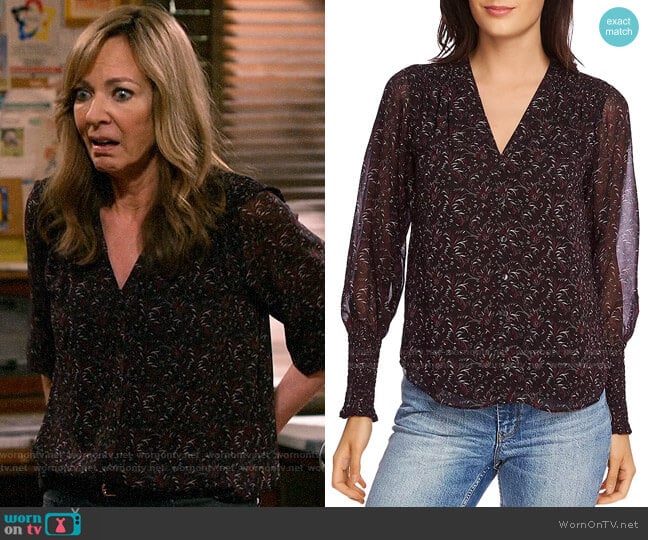 1.State Printed Smocked-Sleeve Blouse worn by Bonnie Plunkett (Allison Janney) on Mom