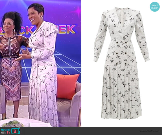 Bow and dot-print pleated-skirt silk dress by Alessandra Rich worn by Tamron Hall on Tamron Hall Show